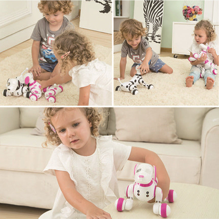 Collage of children interacting with robot dog toys