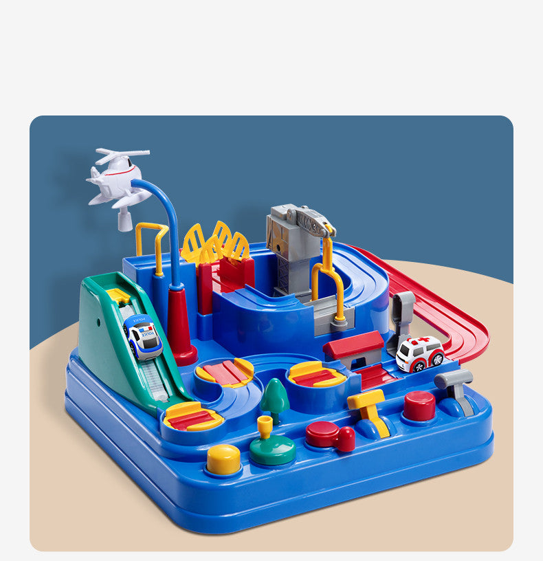Close-up view of the parking lot car track playset