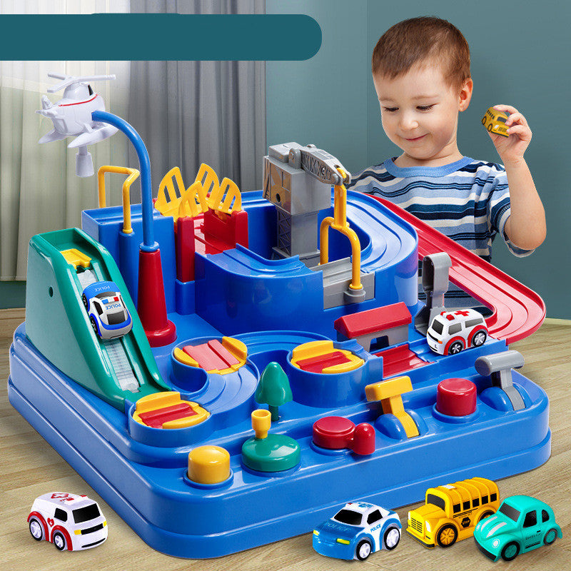 Side view of the parking lot car track playset