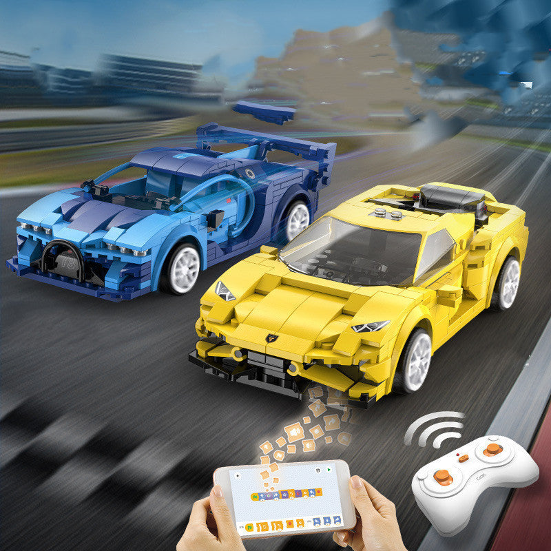 building block remote control sports car arranged for display