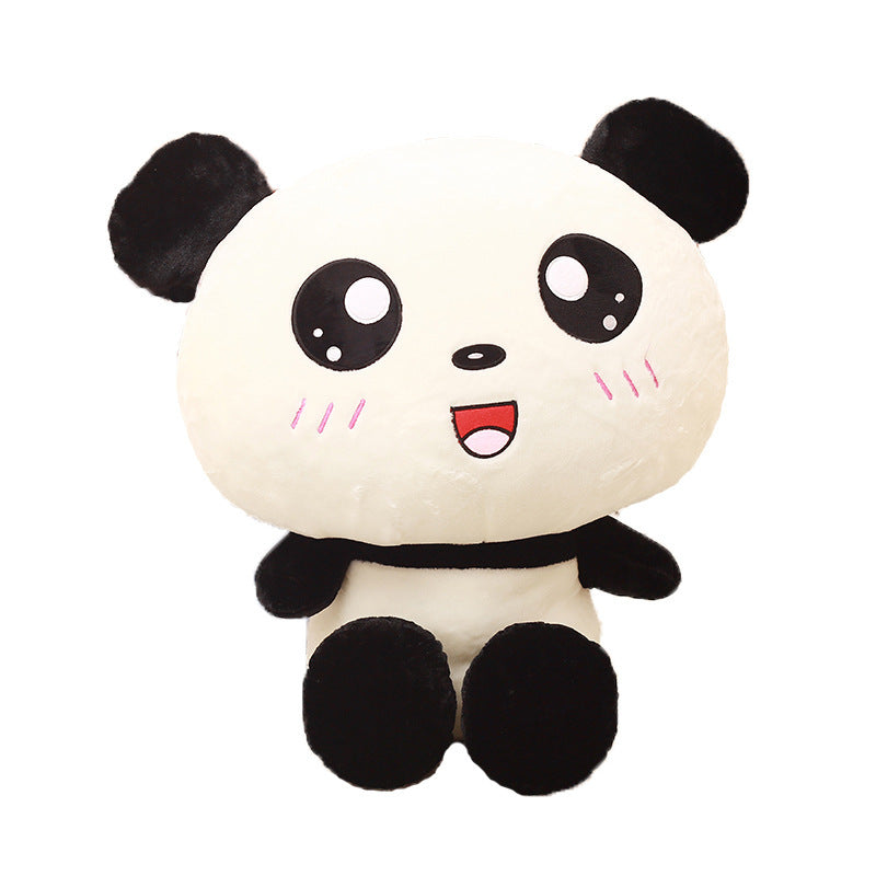 Soft giant panda plush with black ears and an oversized head