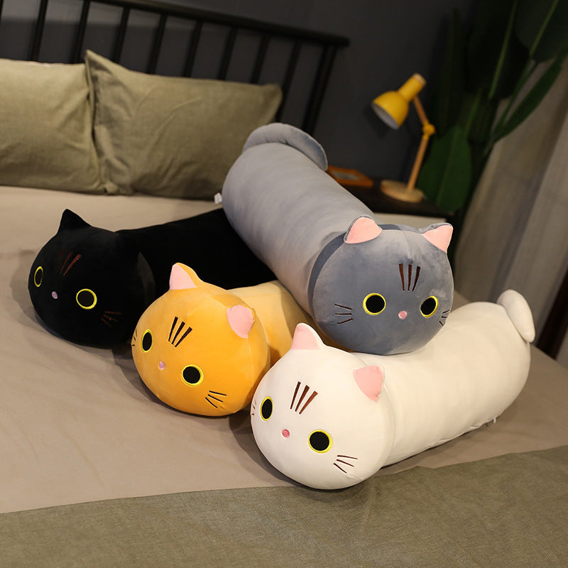 Close-up view of the long cartoon cat plush pillow