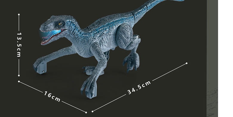Blue and tan RC dinosaur toys posed in a Jurassic-style scene