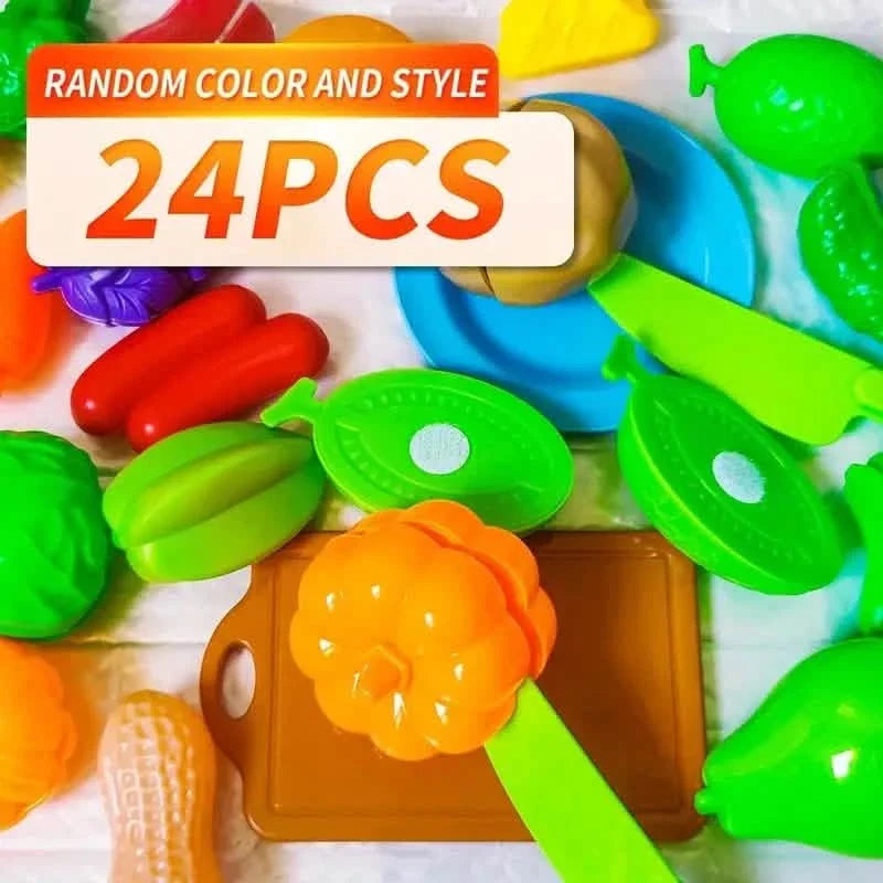 play food cutting set with fruits and vegetables arranged for display
