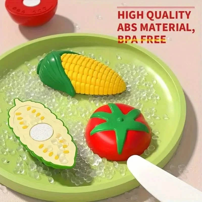 Detailed look at the play food cutting set with fruits and vegetables