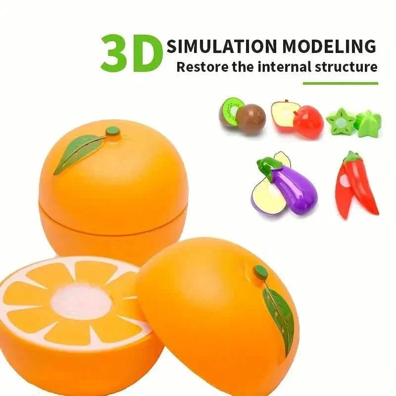 The play food cutting set with fruits and vegetables in playful arrangement