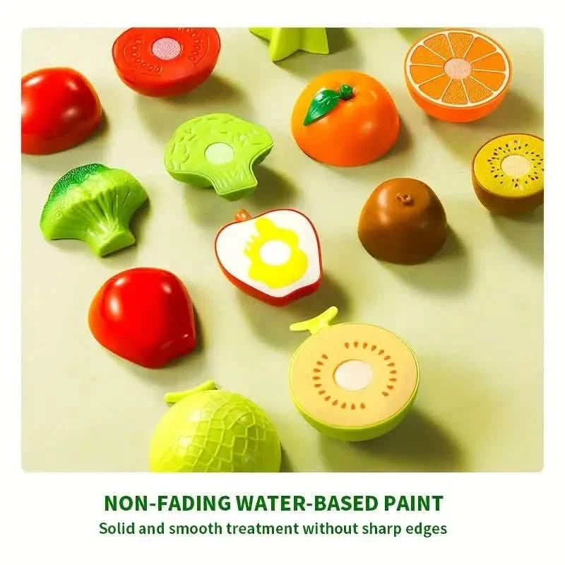 Side view of the play food cutting set with fruits and vegetables