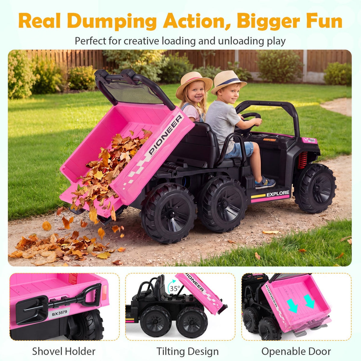 24V 2-Seater Kids Ride on Dump Truck 4WD with Electric Dump Bed and Lights