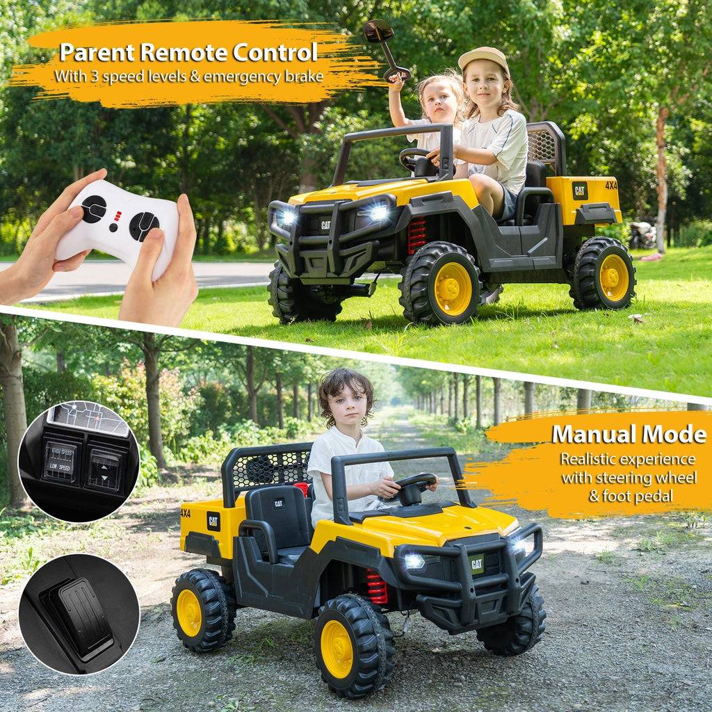 24V Ride On Dump Truck Licensed Caterpillar 2-Seater Kids Car with Remote Control-Yellow