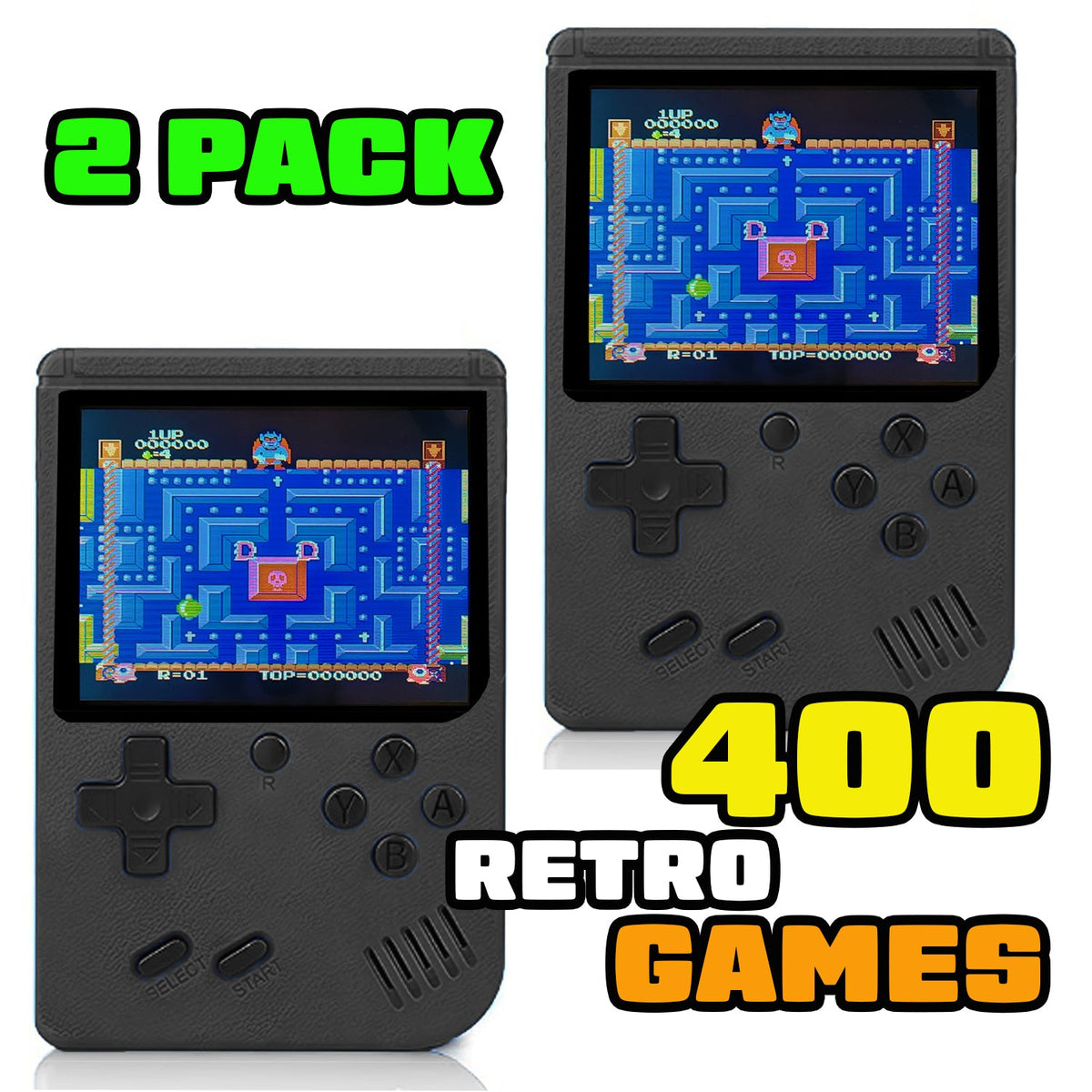 2-Pack Handheld Retro Game Consoles, 400 Games, Rechargeable, Blue - product photo
