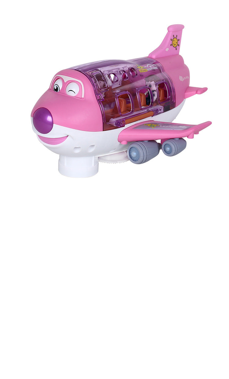 Bump-and-go toy airplane with its passenger shell open to reveal the seats inside