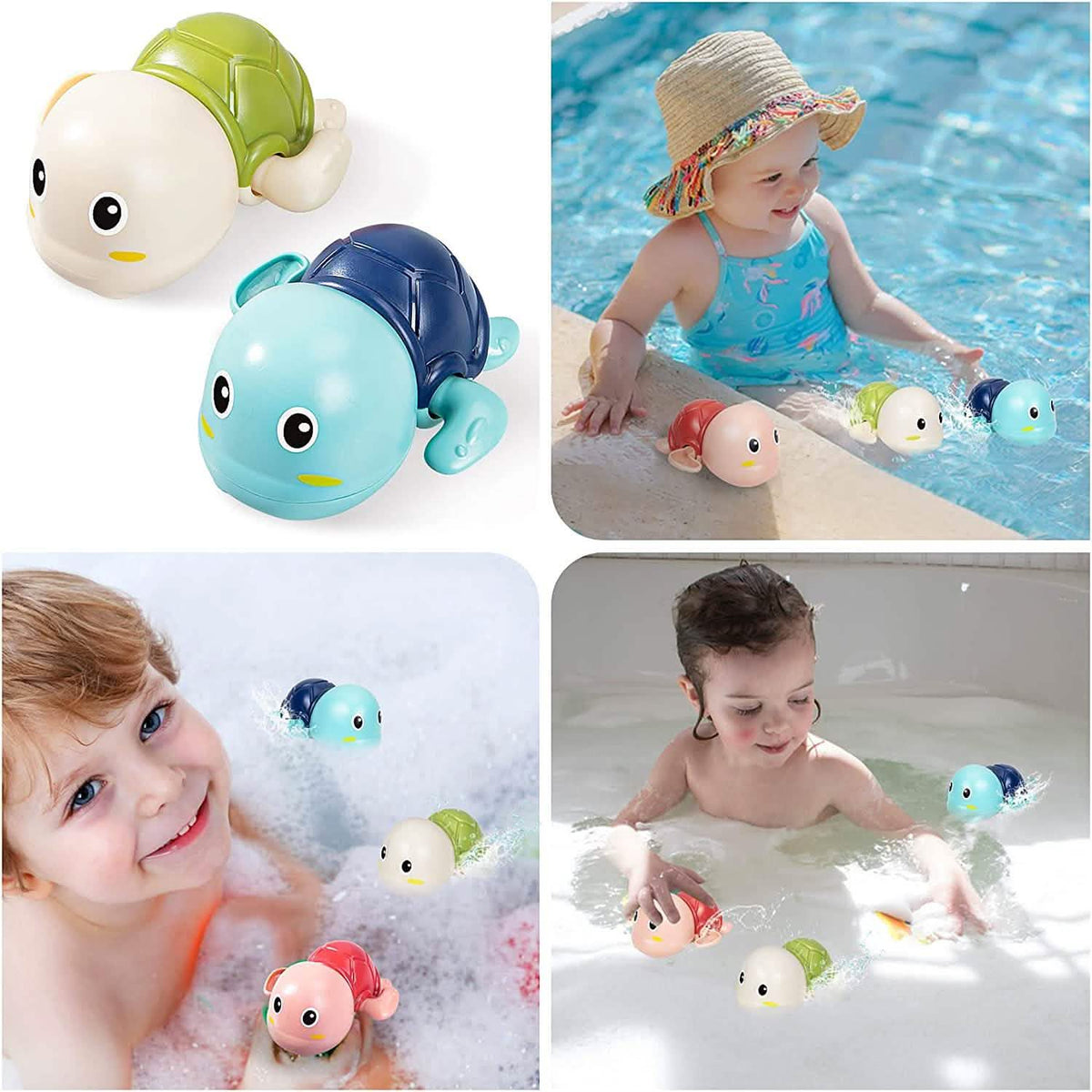 Four-photo collage of wind-up turtles playing in pools and bubble baths with children.