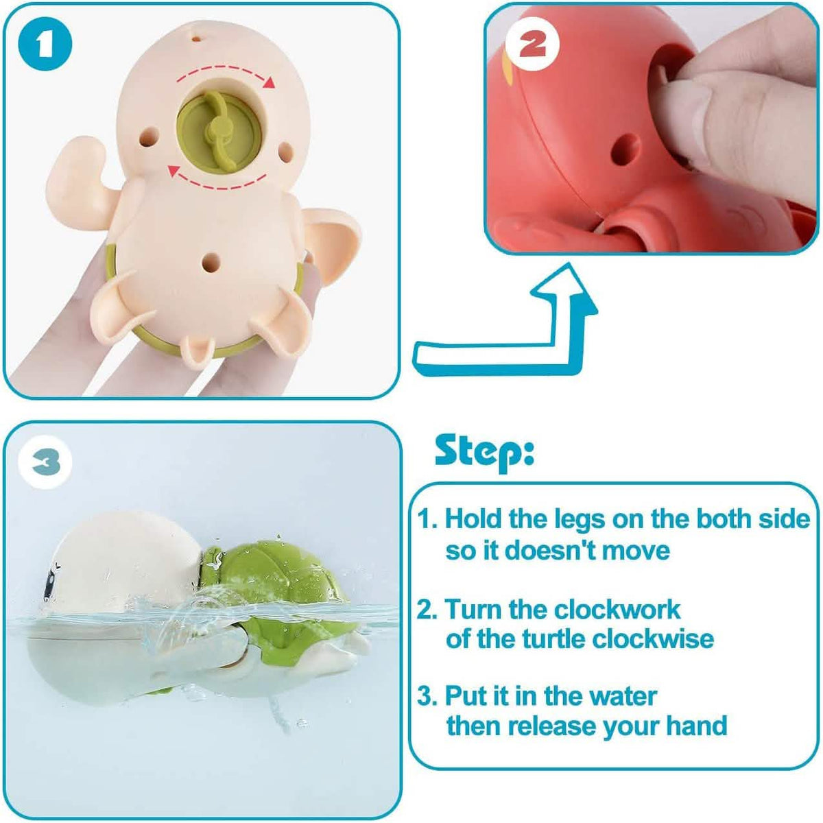 Three-step diagram showing how to wind up the turtle toy before placing it in water.