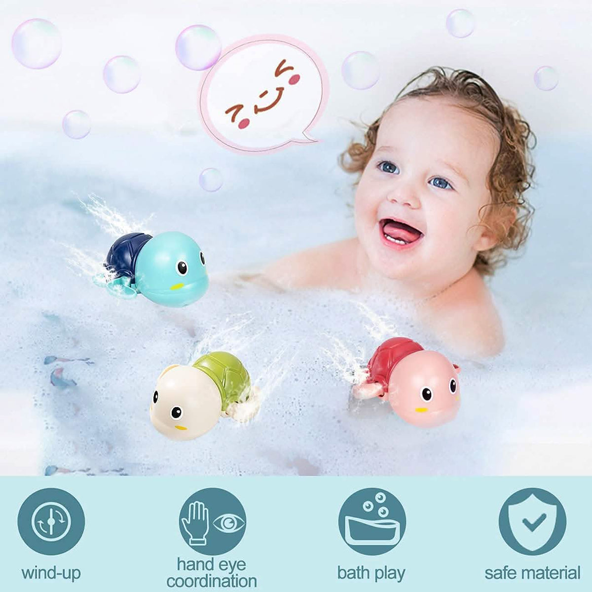 Baby in a bubble bath laughing with three wind-up turtles swimming around them.