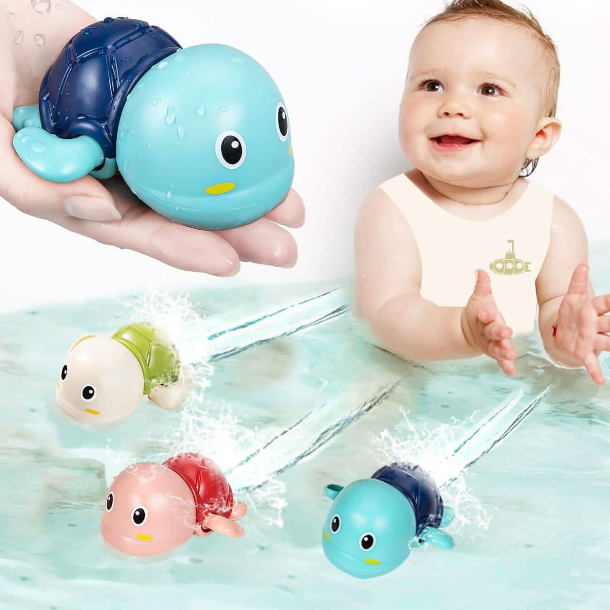 Blue wind-up turtle held in a hand beside a baby in the bath with three turtles swimming.