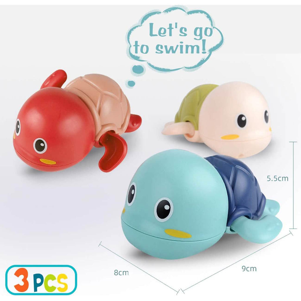 Three wind-up turtles in red, green, and blue with size markings and 3 PCS badge.
