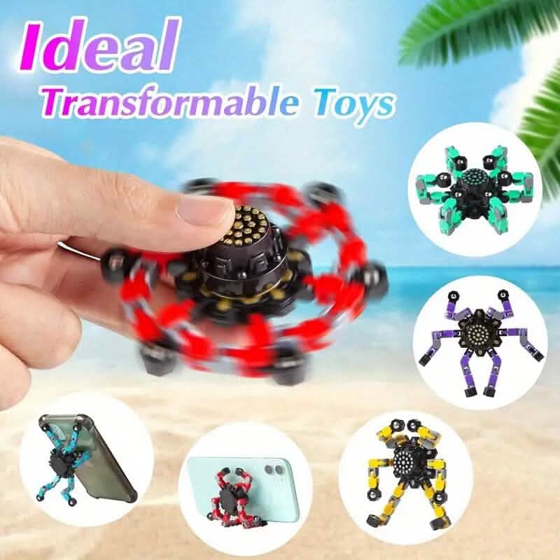 Ideal transformable toys infographic with spinning red spinner and robot pose insets.