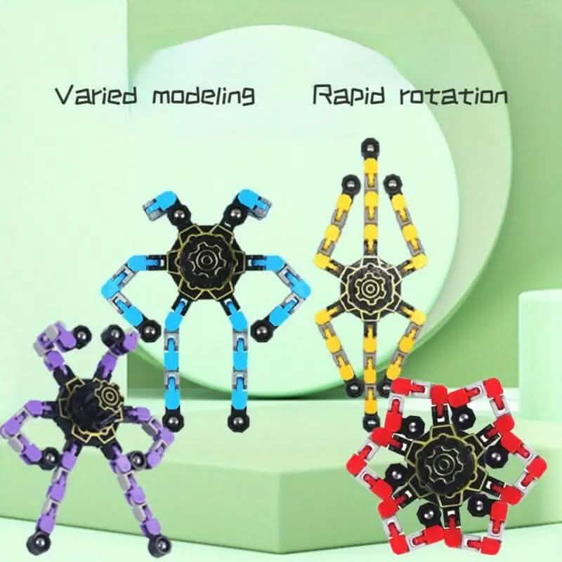 Four transformable spinners in blue, yellow, purple, and red in robot poses.