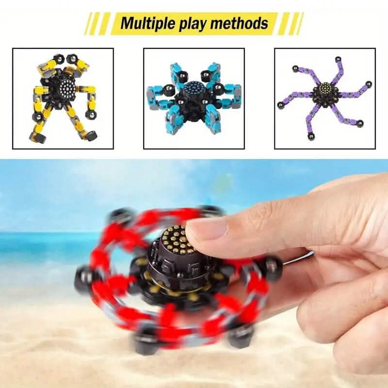 Multiple play methods infographic with three robot poses and a finger spinning a red spinner.