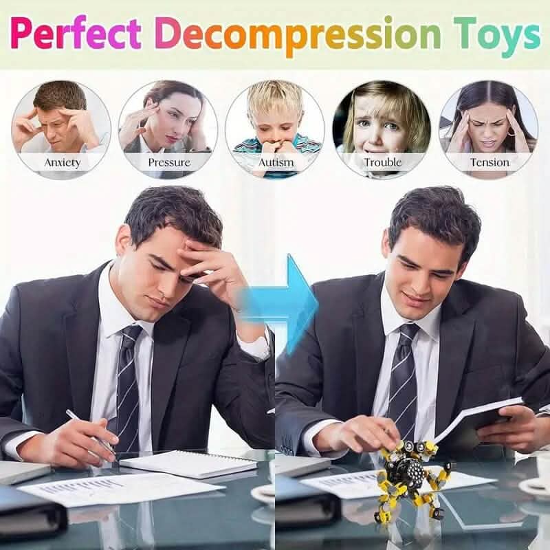 Decompression toys infographic showing a man relaxed while playing with a robot spinner.