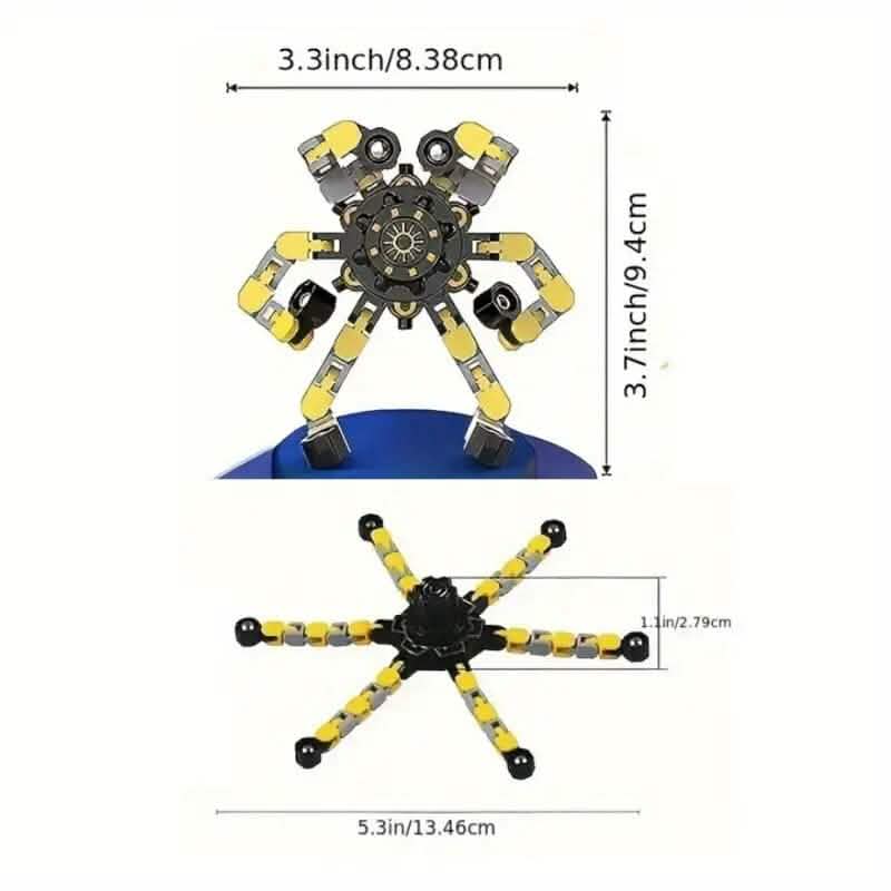 Yellow transformable spinner with size chart showing robot and flat spinner forms.