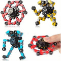 Three transformable fidget spinners shown as spinning wheels and folded robot figures.