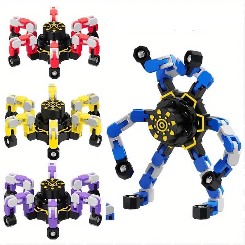 Four transformable spinners folded into robot figures in red, yellow, purple, and blue.