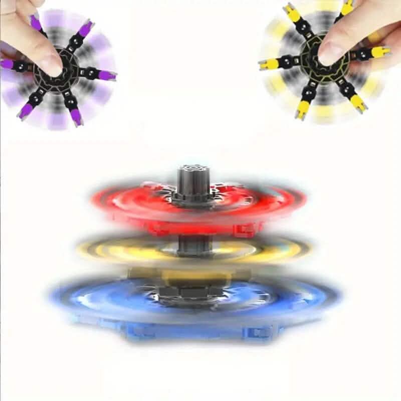Hands spinning transformable fidgets above three spinners creating color blur trails.