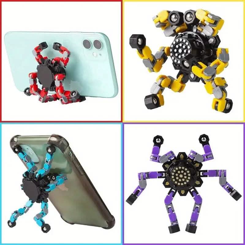 Collage of spinners used as phone stands and folded into robot figures.