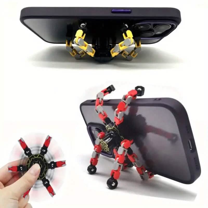 Transformable spinner robot figures propping up smartphones as phone stands.