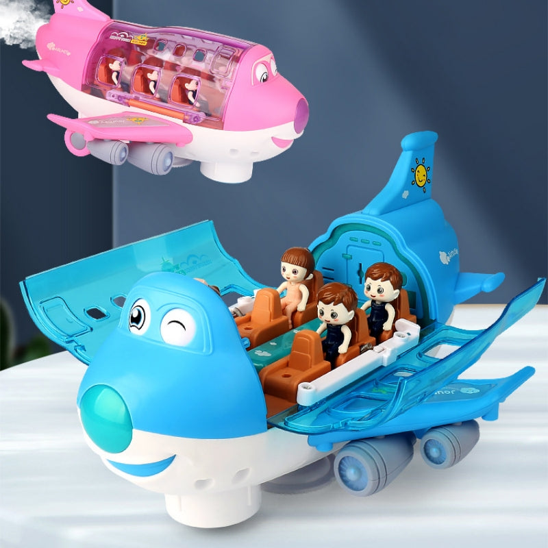 Blue and pink cartoon bump-and-go toy airplanes with smiling faces and tiny passengers inside