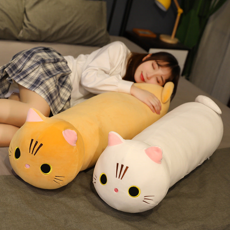 long cartoon cat plush pillow arranged for display