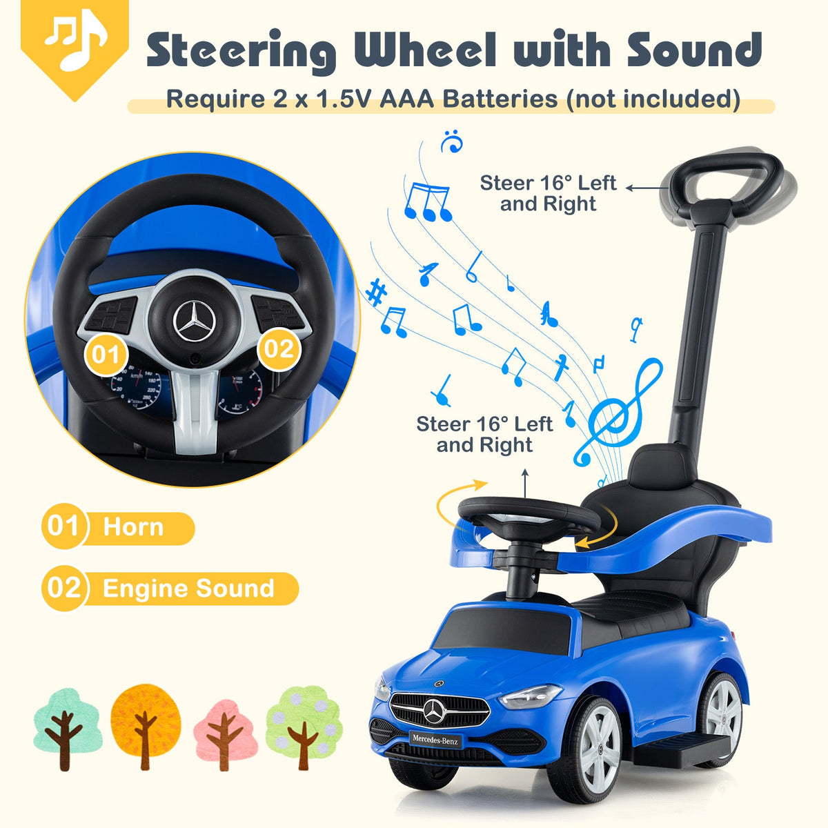 3-in-1 Ride on Push Car Mercedes-Benz Licensed Sliding Car with Canopy-Blue