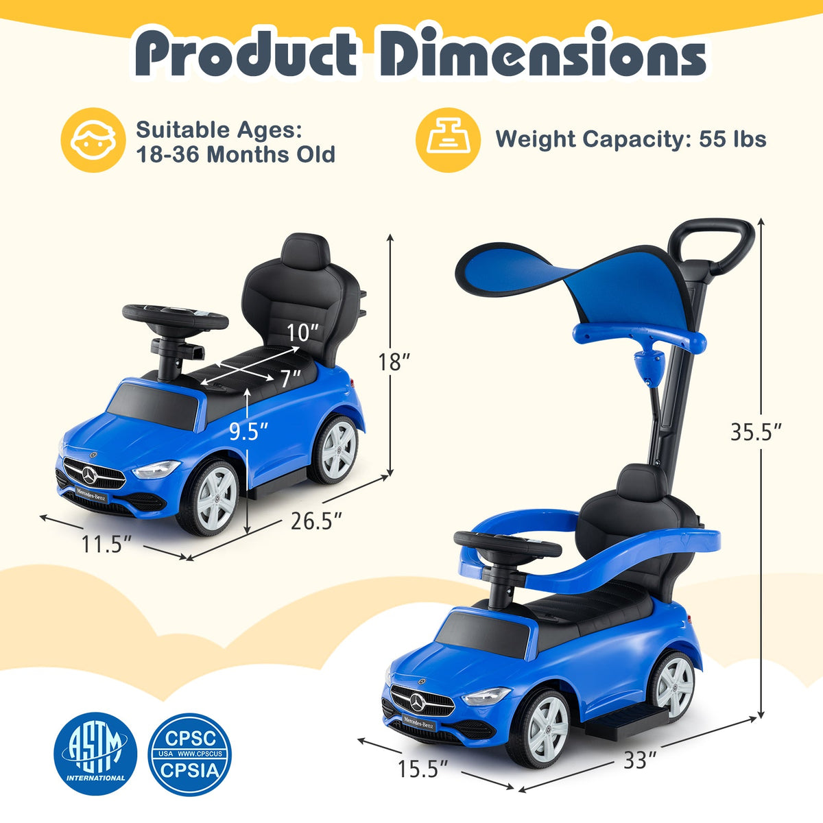 3-in-1 Ride on Push Car Mercedes-Benz Licensed Sliding Car with Canopy-Blue