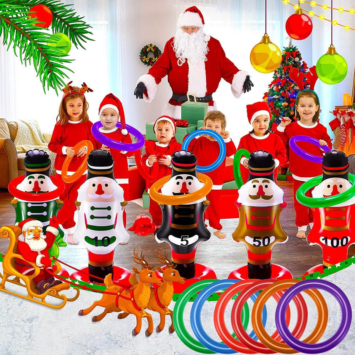 Children playing nutcracker ring toss with Santa at a Christmas party.