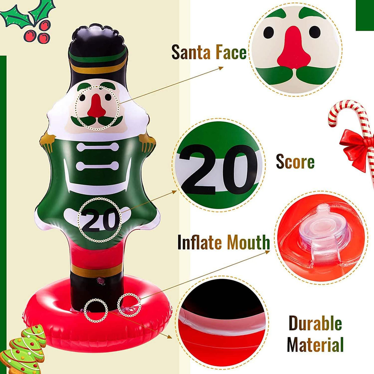 Close-up of nutcracker details: printed face, score, inflate valve, and durable material.