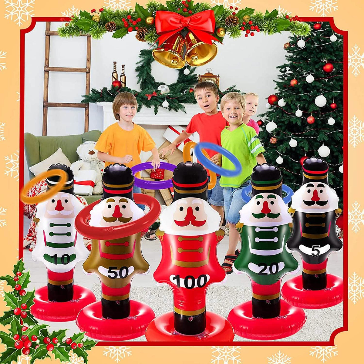 Family playing nutcracker ring toss indoors with a Christmas tree behind them.