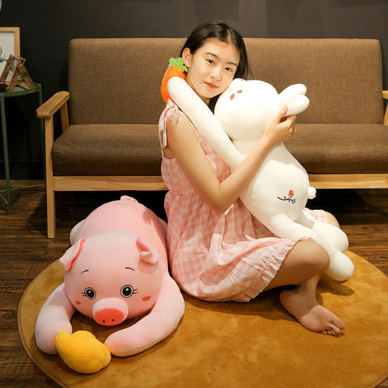 Giant tan plush dog stretched out on a couch