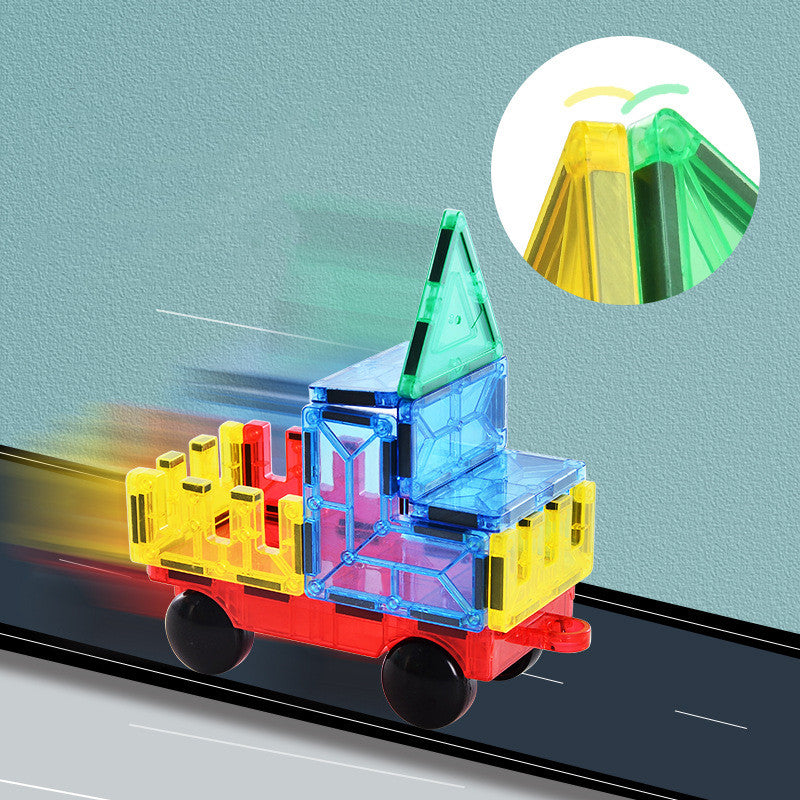 Rainbow magnetic tiles forming a tall castle with towers