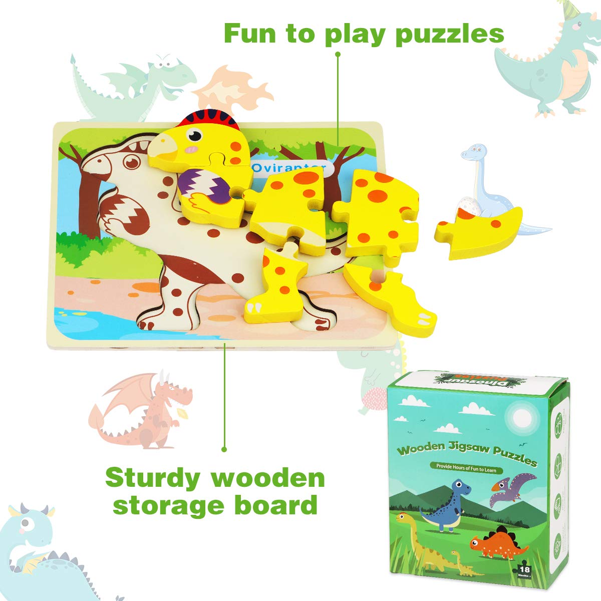 Wooden Dinosaur Puzzle Set — 7 Puzzles