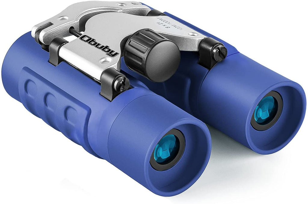 Blue folding children's binoculars with central focus wheel