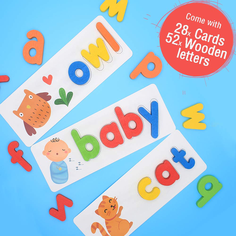 Montessori Wooden Alphabet Spelling Game, 52 Letters & 28 Cards