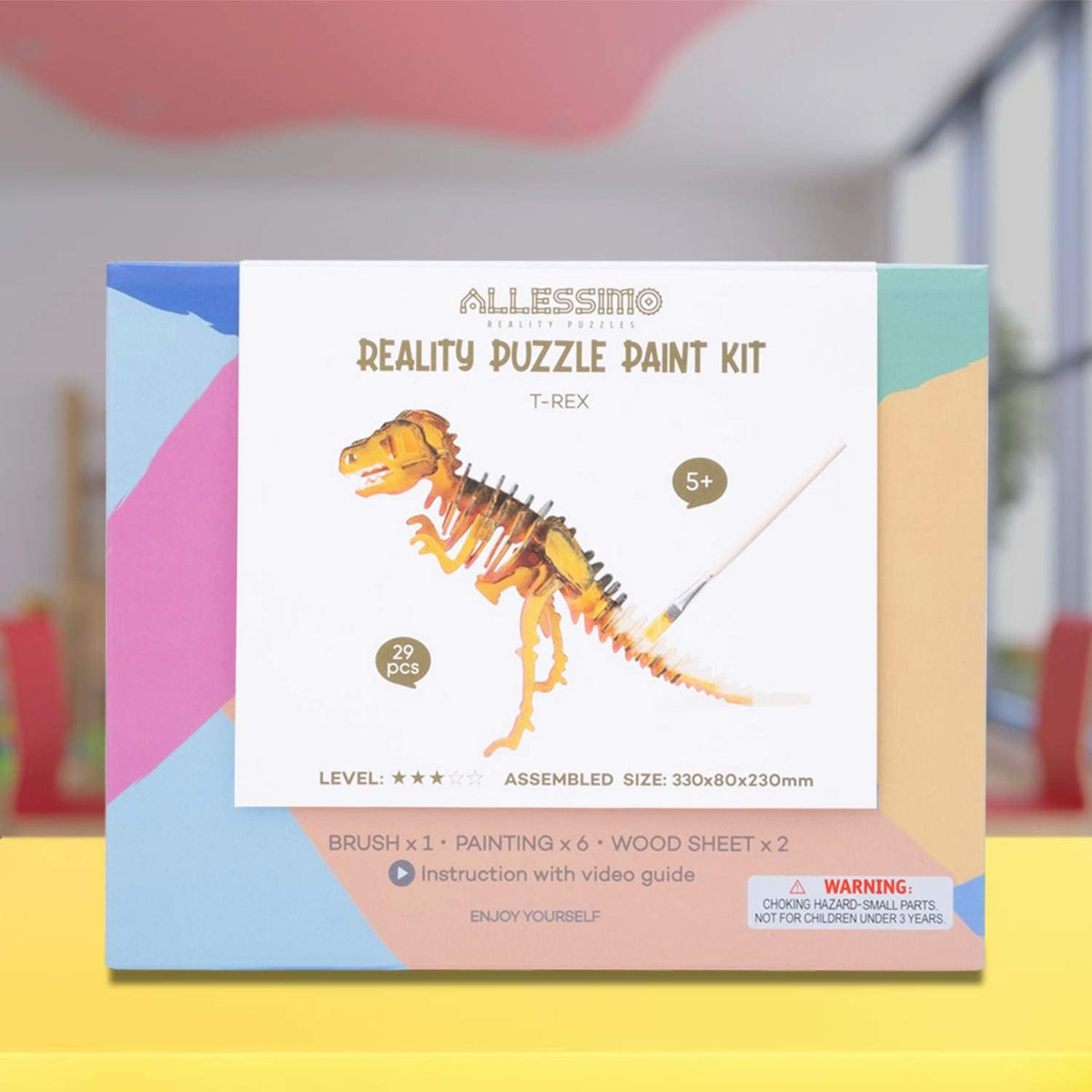 3D Wooden T-Rex Puzzle & Paint Kit, 29 Pieces