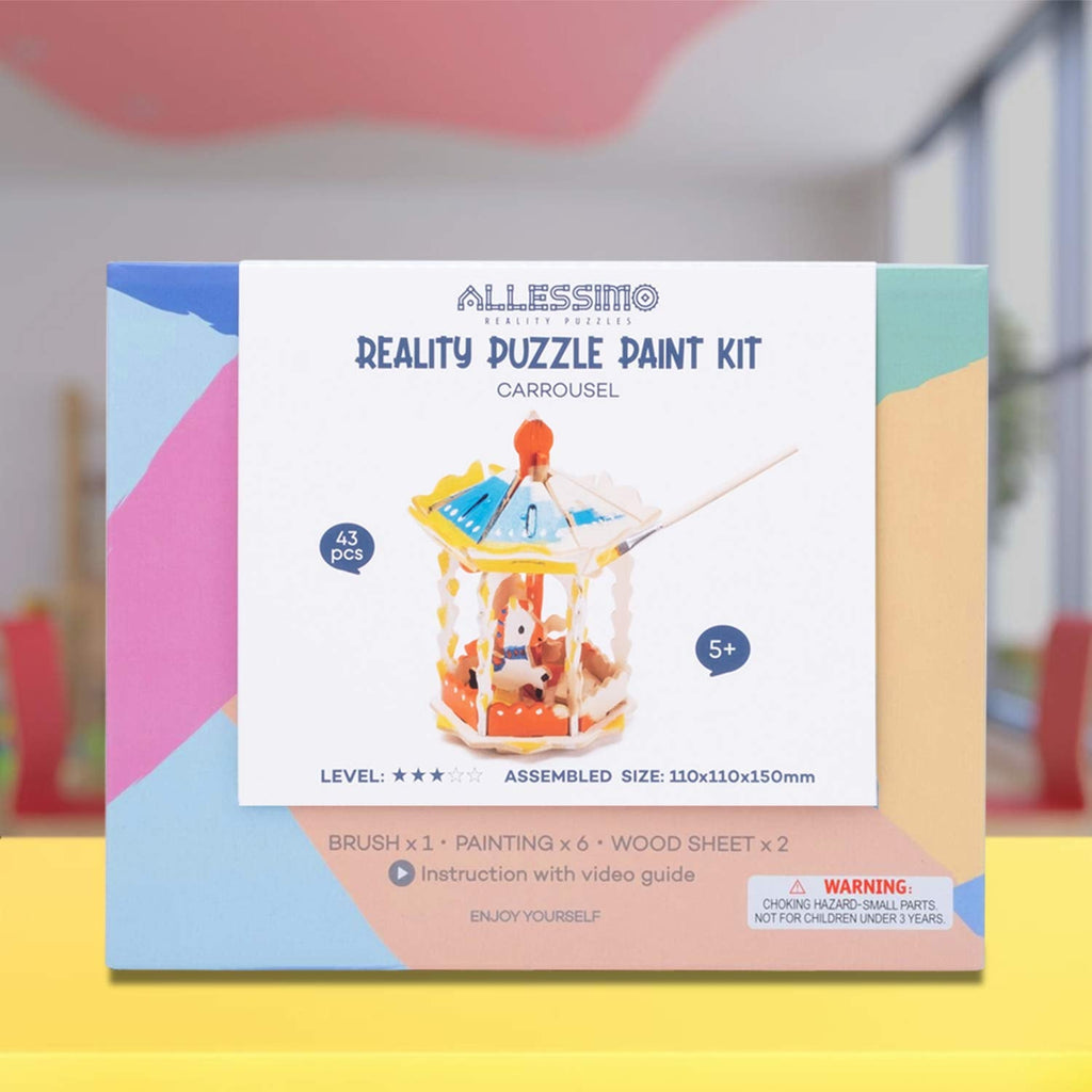 3D Wooden Carousel Puzzle & Paint Kit, 43 Pieces
