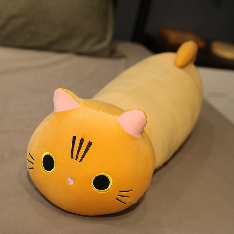 Detailed look at the long cartoon cat plush pillow
