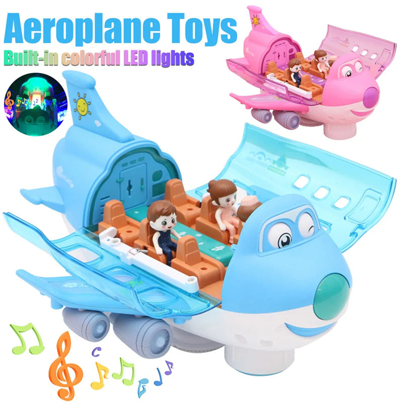 Pink cartoon bump-and-go toy airplane with a smiling face and transparent cabin
