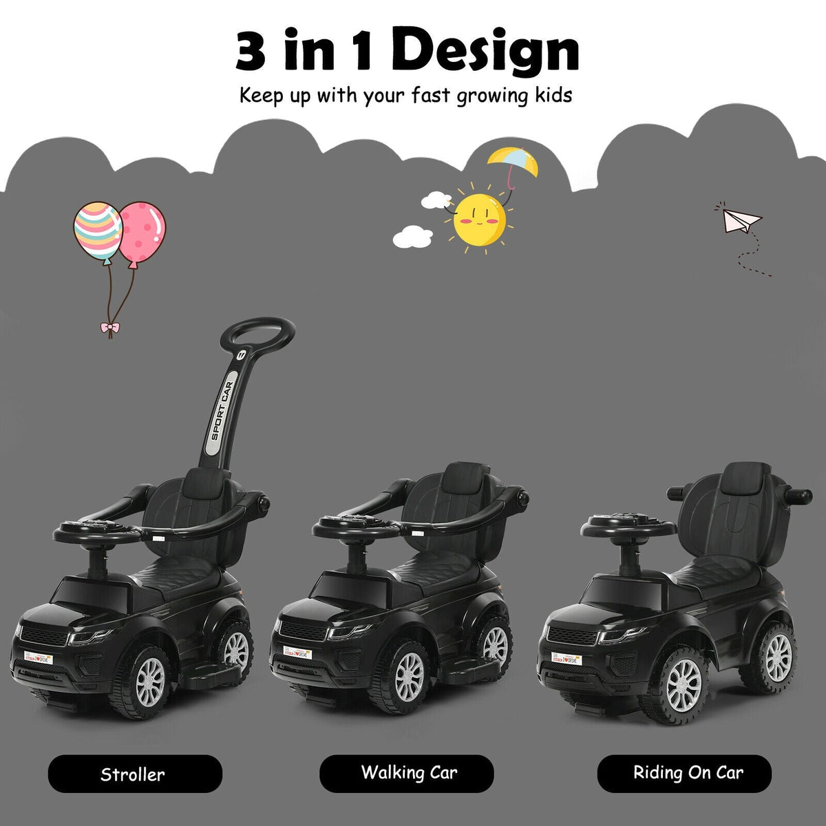 3 in 1 Ride on Push Car Toddler Stroller Sliding Car with Music-Black
