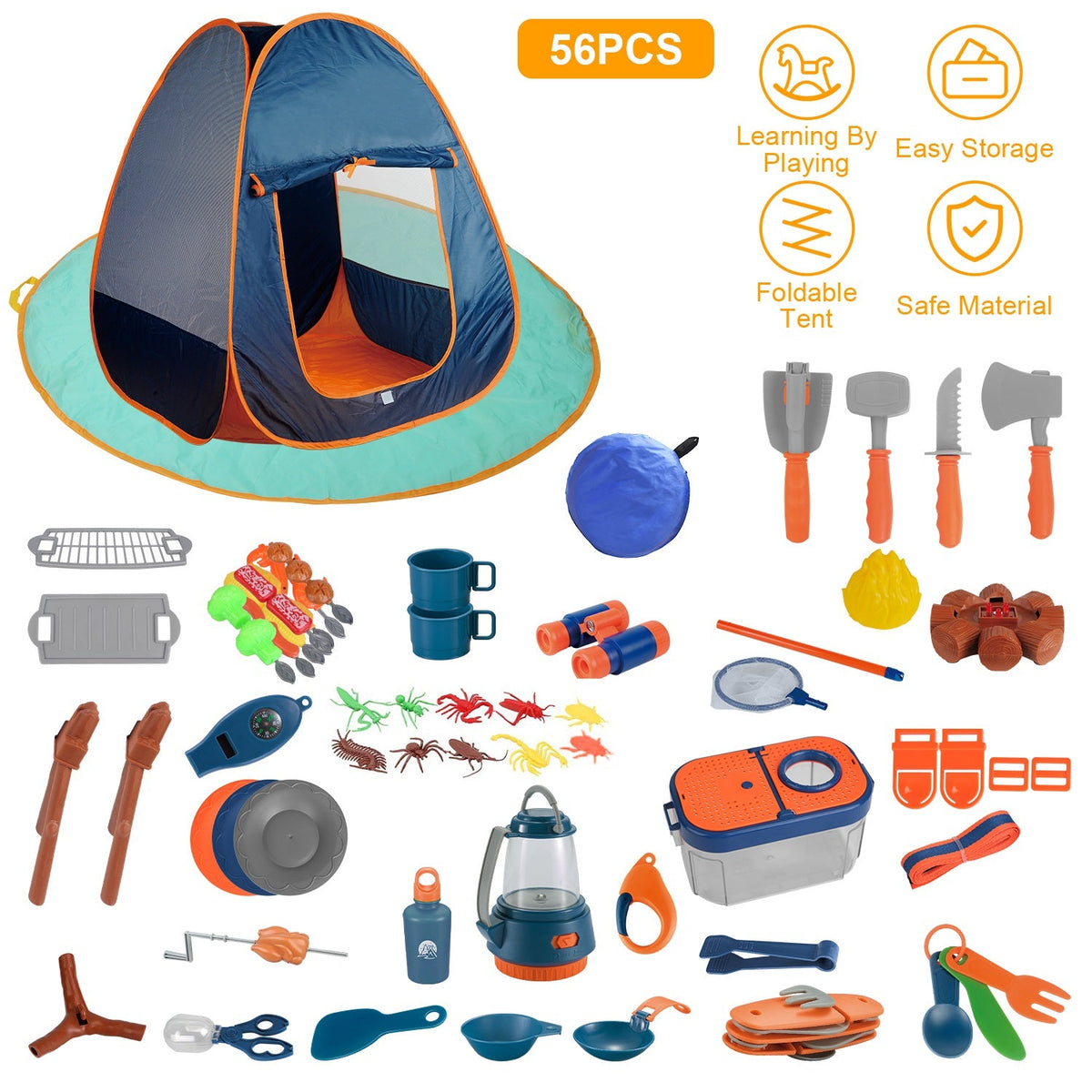 56Pcs Kids Camping Toy Set With Playtent Pretend Oil Lamp Telescope Bonfire Compass Role Play Camping Set For Over 3 Years Old Boy Girl Toddlers Campi
