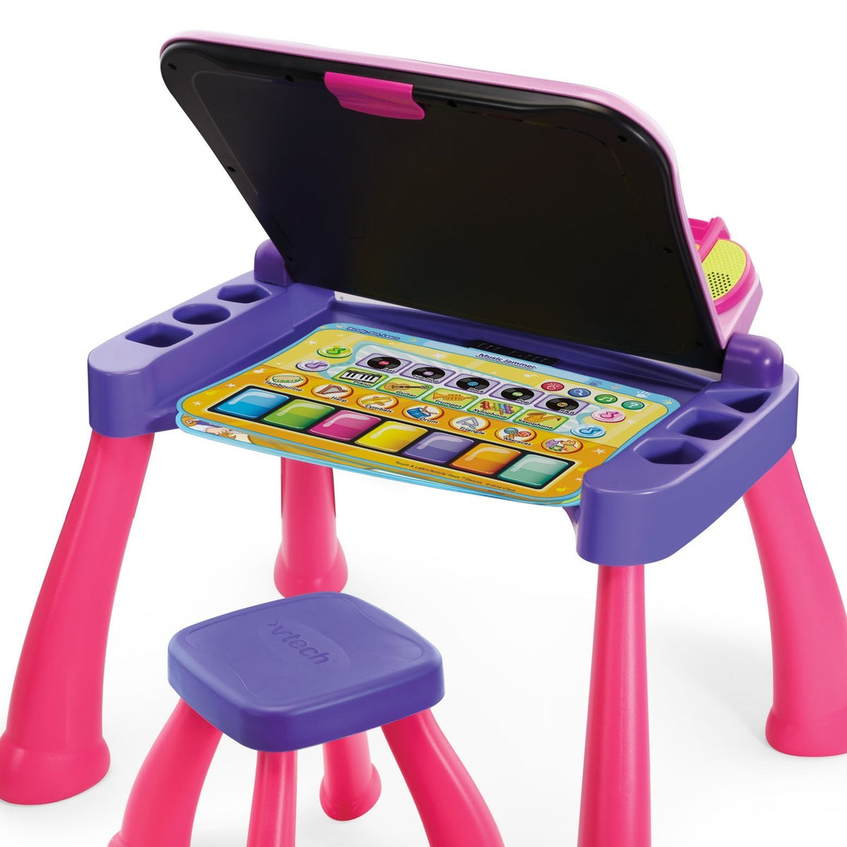 Activity desk open as a chalkboard with storage tray