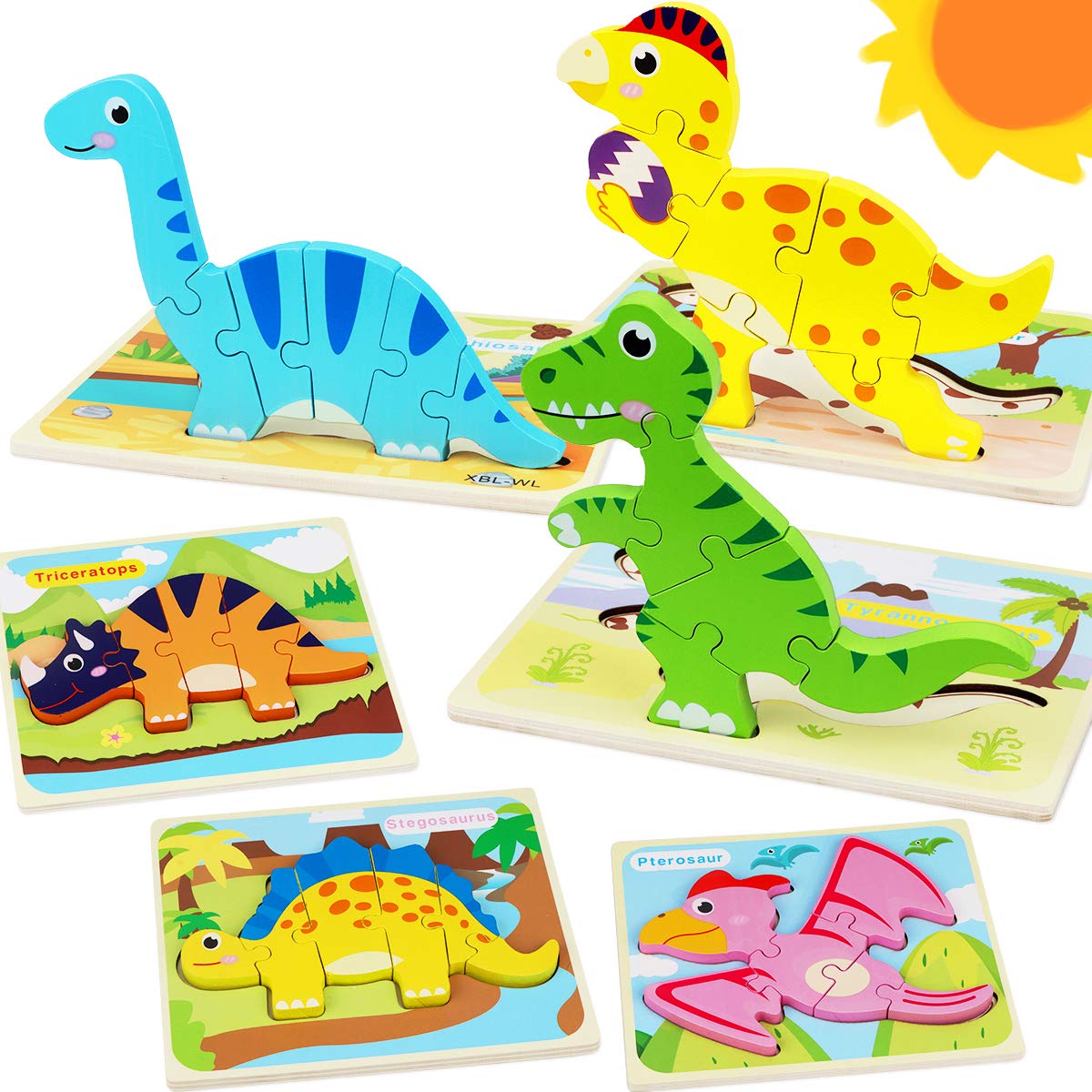 Wooden Dinosaur Puzzle Set — 7 Puzzles